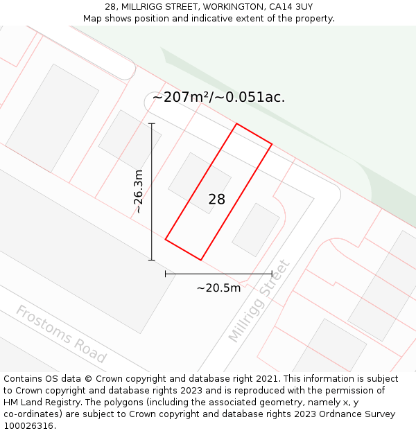 28, MILLRIGG STREET, WORKINGTON, CA14 3UY: Plot and title map
