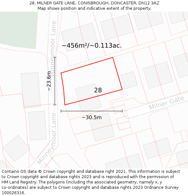 28, MILNER GATE LANE, CONISBROUGH, DONCASTER, DN12 3AZ: Plot and title map