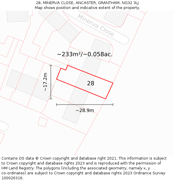 28, MINERVA CLOSE, ANCASTER, GRANTHAM, NG32 3LJ: Plot and title map