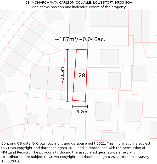 28, MONARCH WAY, CARLTON COLVILLE, LOWESTOFT, NR33 8GH: Plot and title map