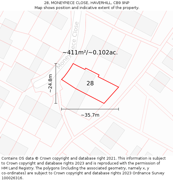 28, MONEYPIECE CLOSE, HAVERHILL, CB9 9NP: Plot and title map