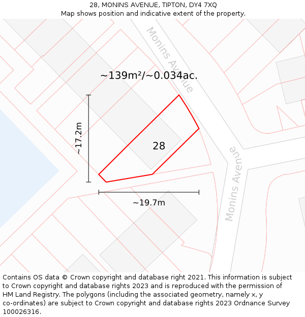 28, MONINS AVENUE, TIPTON, DY4 7XQ: Plot and title map