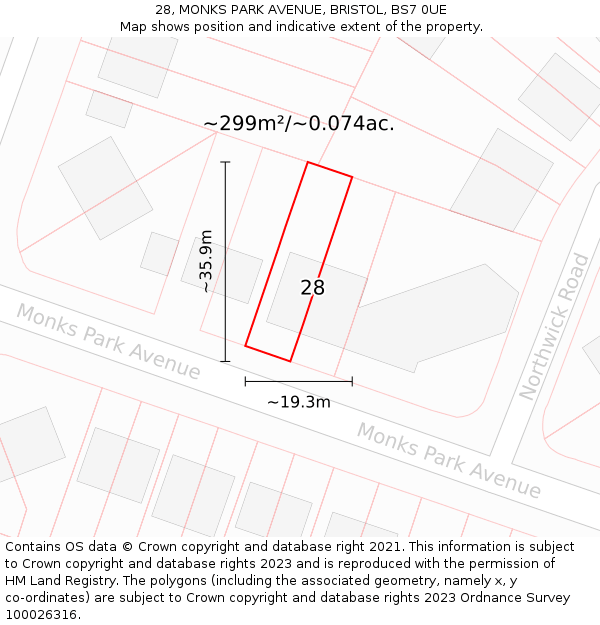 28, MONKS PARK AVENUE, BRISTOL, BS7 0UE: Plot and title map