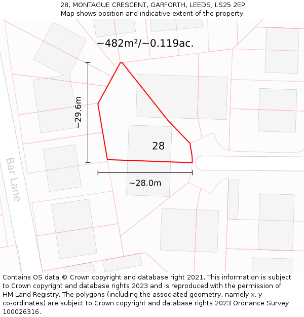 28, MONTAGUE CRESCENT, GARFORTH, LEEDS, LS25 2EP: Plot and title map