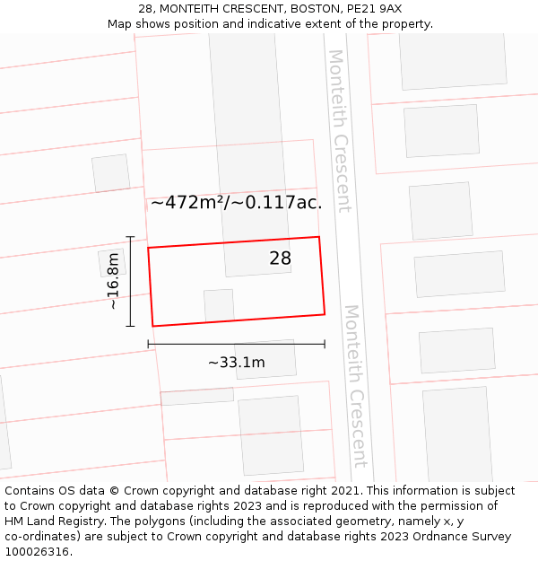 28, MONTEITH CRESCENT, BOSTON, PE21 9AX: Plot and title map