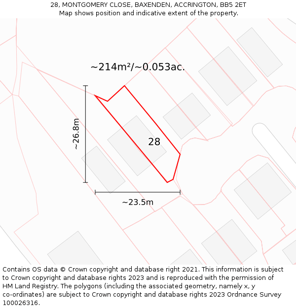 28, MONTGOMERY CLOSE, BAXENDEN, ACCRINGTON, BB5 2ET: Plot and title map