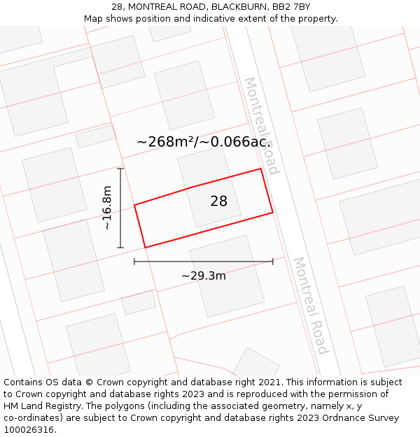 28, MONTREAL ROAD, BLACKBURN, BB2 7BY: Plot and title map