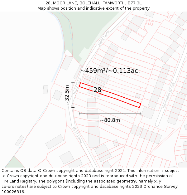 28, MOOR LANE, BOLEHALL, TAMWORTH, B77 3LJ: Plot and title map