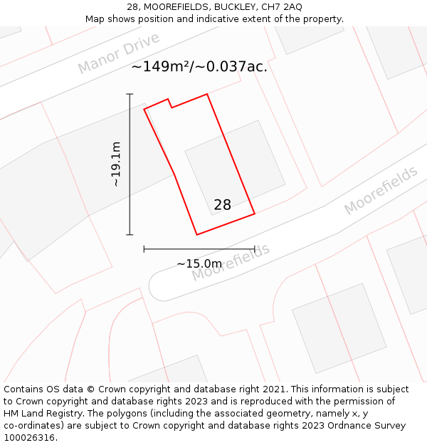 28, MOOREFIELDS, BUCKLEY, CH7 2AQ: Plot and title map