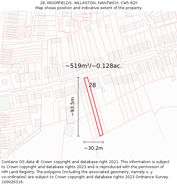 28, MOORFIELDS, WILLASTON, NANTWICH, CW5 6QY: Plot and title map