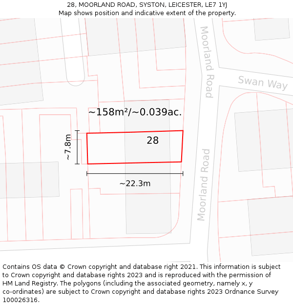 28, MOORLAND ROAD, SYSTON, LEICESTER, LE7 1YJ: Plot and title map