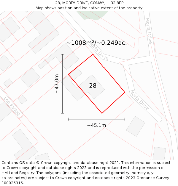 28, MORFA DRIVE, CONWY, LL32 8EP: Plot and title map