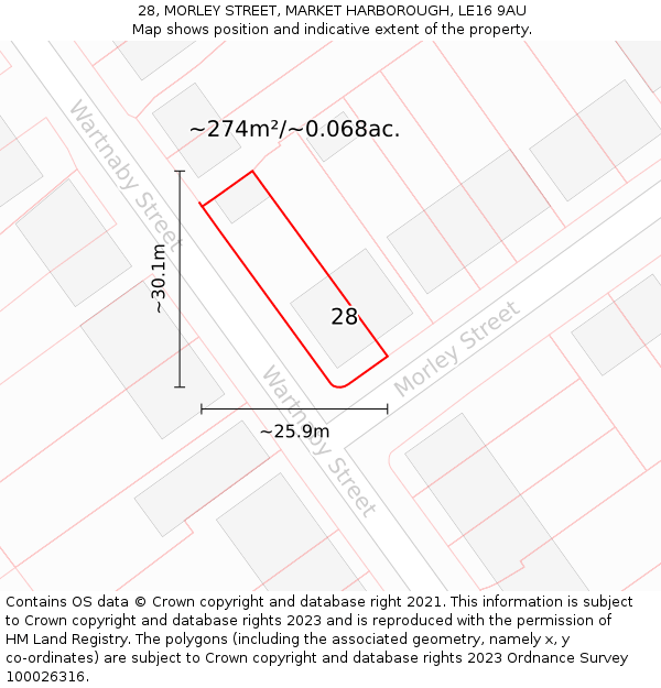 28, MORLEY STREET, MARKET HARBOROUGH, LE16 9AU: Plot and title map