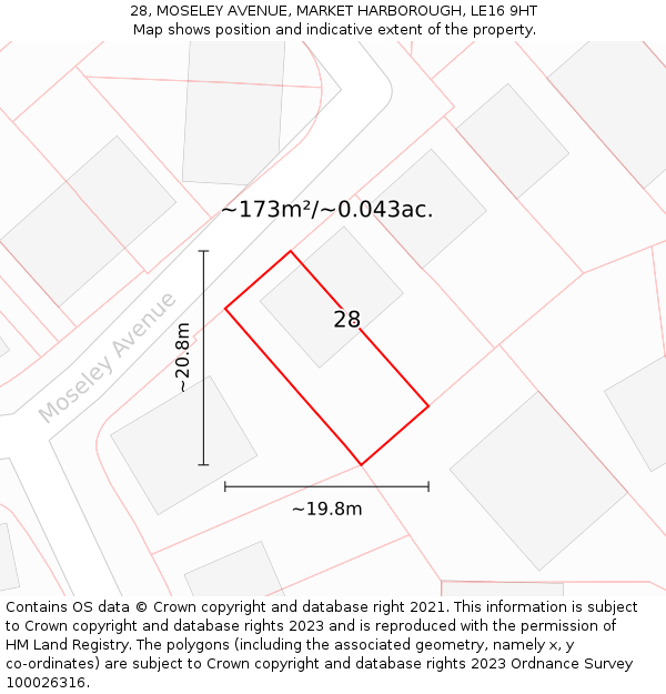 28, MOSELEY AVENUE, MARKET HARBOROUGH, LE16 9HT: Plot and title map