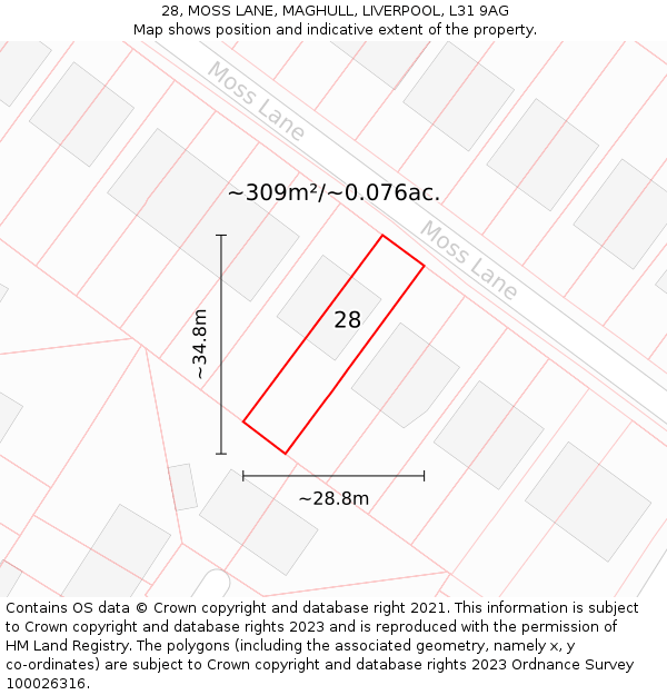 28, MOSS LANE, MAGHULL, LIVERPOOL, L31 9AG: Plot and title map
