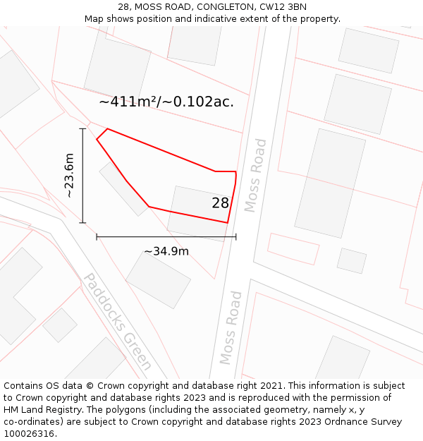 28, MOSS ROAD, CONGLETON, CW12 3BN: Plot and title map