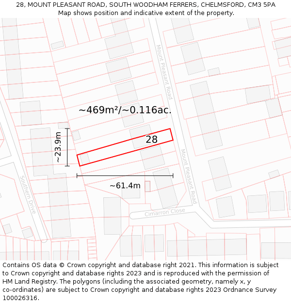 28, MOUNT PLEASANT ROAD, SOUTH WOODHAM FERRERS, CHELMSFORD, CM3 5PA: Plot and title map
