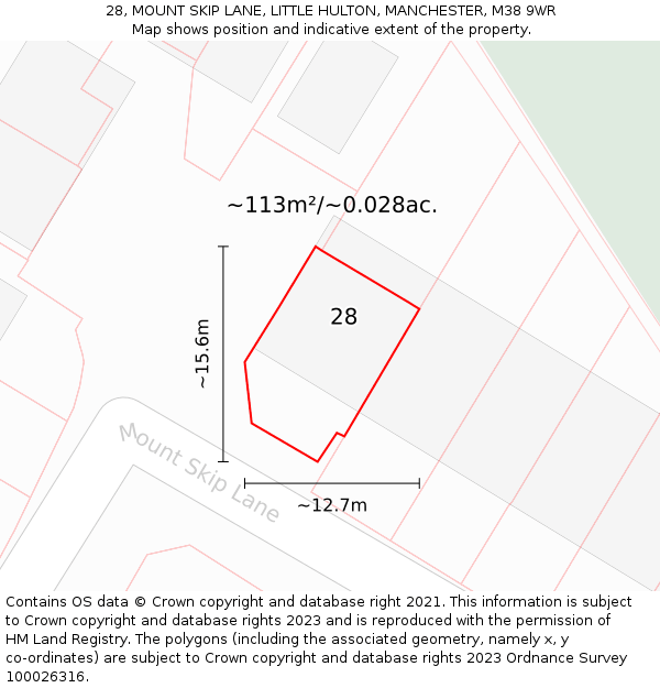 28, MOUNT SKIP LANE, LITTLE HULTON, MANCHESTER, M38 9WR: Plot and title map