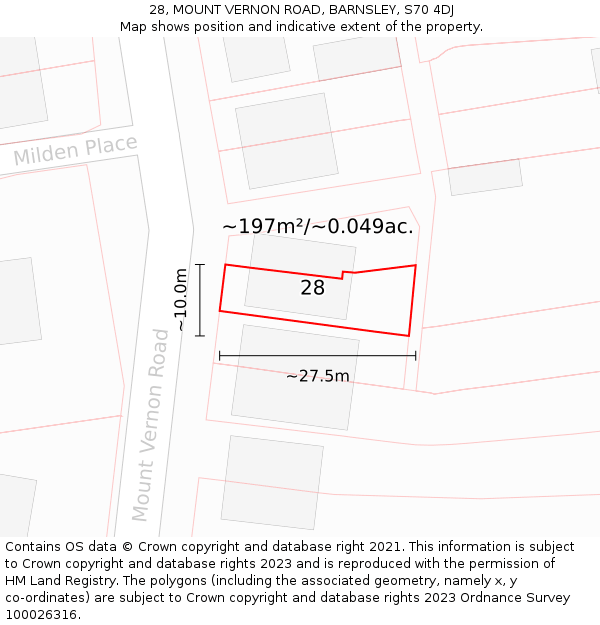 28, MOUNT VERNON ROAD, BARNSLEY, S70 4DJ: Plot and title map