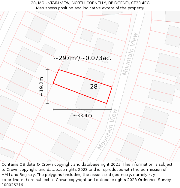 28, MOUNTAIN VIEW, NORTH CORNELLY, BRIDGEND, CF33 4EG: Plot and title map