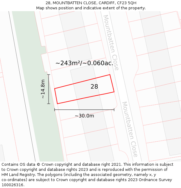 28, MOUNTBATTEN CLOSE, CARDIFF, CF23 5QH: Plot and title map