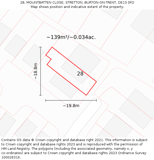 28, MOUNTBATTEN CLOSE, STRETTON, BURTON-ON-TRENT, DE13 0FD: Plot and title map