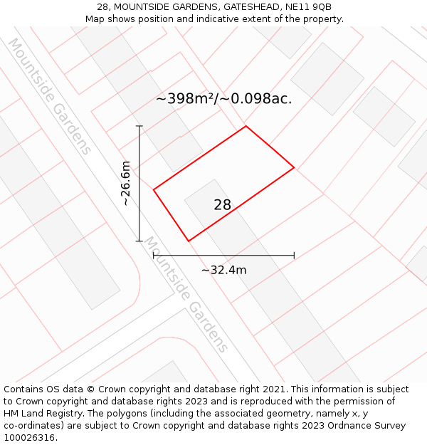 28, MOUNTSIDE GARDENS, GATESHEAD, NE11 9QB: Plot and title map