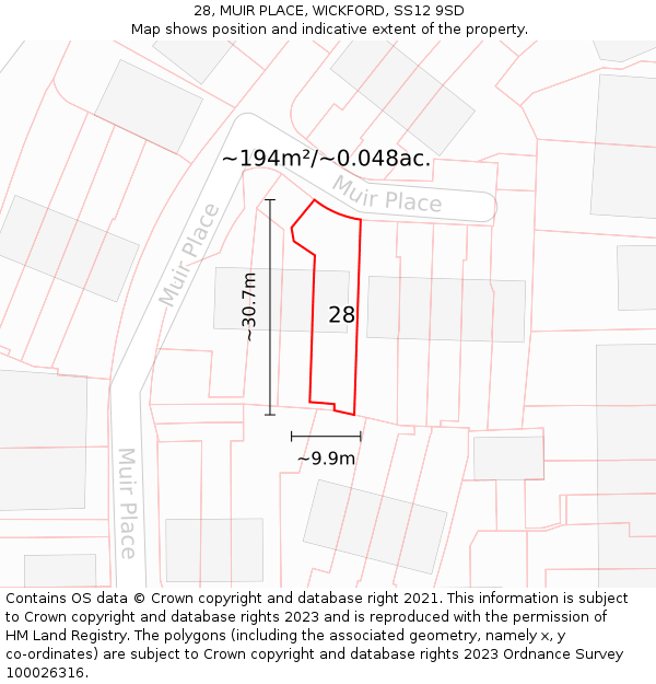 28, MUIR PLACE, WICKFORD, SS12 9SD: Plot and title map