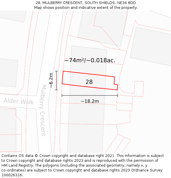 28, MULBERRY CRESCENT, SOUTH SHIELDS, NE34 8DD: Plot and title map