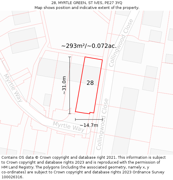 28, MYRTLE GREEN, ST IVES, PE27 3YQ: Plot and title map