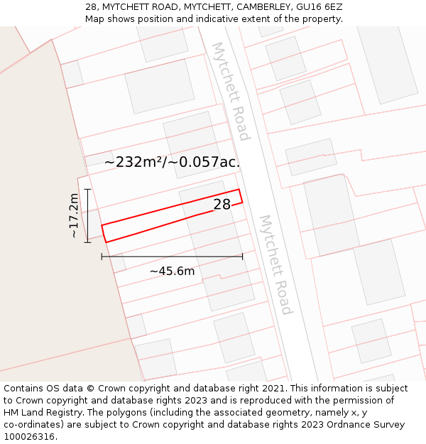 28, MYTCHETT ROAD, MYTCHETT, CAMBERLEY, GU16 6EZ: Plot and title map