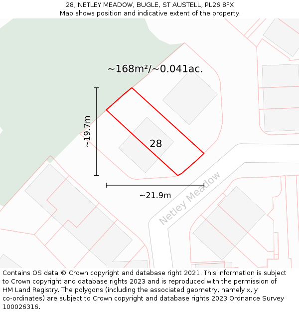 28, NETLEY MEADOW, BUGLE, ST AUSTELL, PL26 8FX: Plot and title map