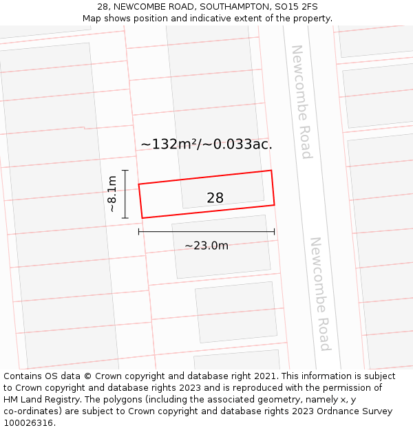 28, NEWCOMBE ROAD, SOUTHAMPTON, SO15 2FS: Plot and title map