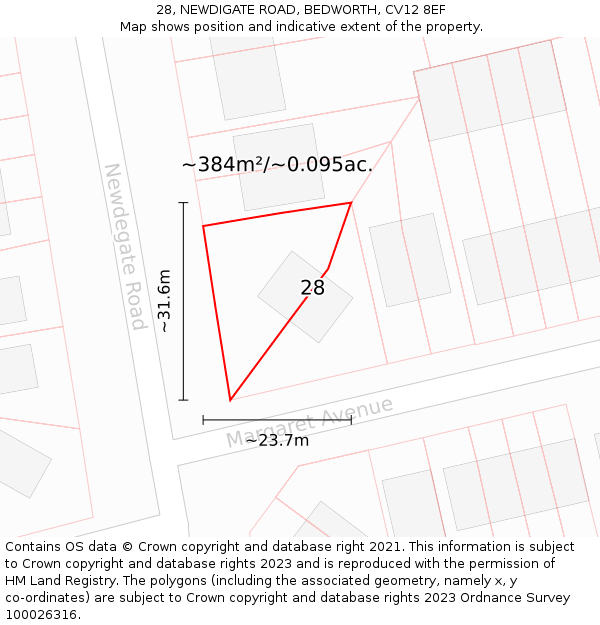 28, NEWDIGATE ROAD, BEDWORTH, CV12 8EF: Plot and title map