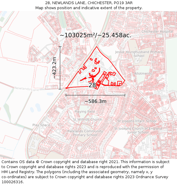 28, NEWLANDS LANE, CHICHESTER, PO19 3AR: Plot and title map