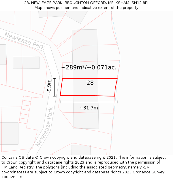 28, NEWLEAZE PARK, BROUGHTON GIFFORD, MELKSHAM, SN12 8PL: Plot and title map