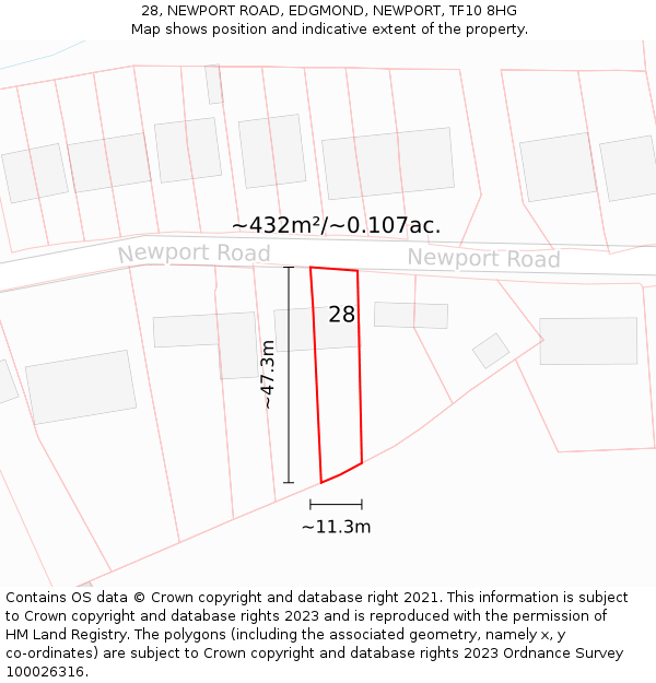 28, NEWPORT ROAD, EDGMOND, NEWPORT, TF10 8HG: Plot and title map