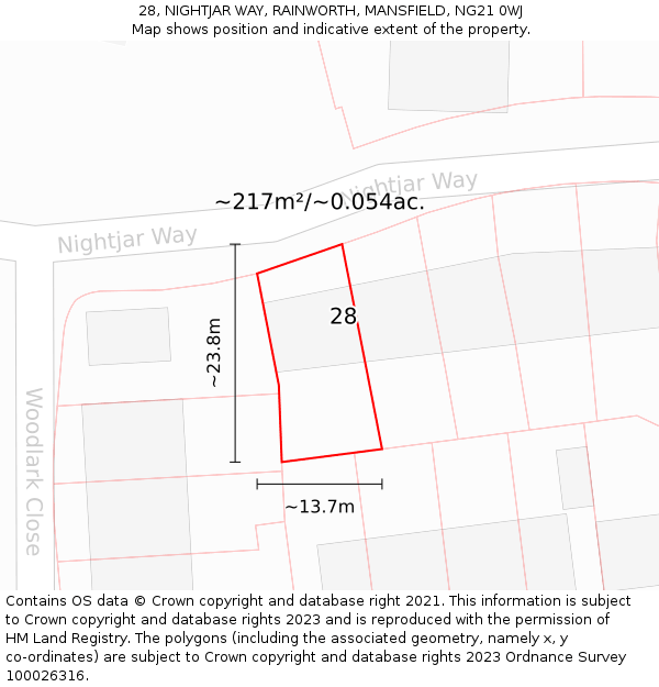 28, NIGHTJAR WAY, RAINWORTH, MANSFIELD, NG21 0WJ: Plot and title map