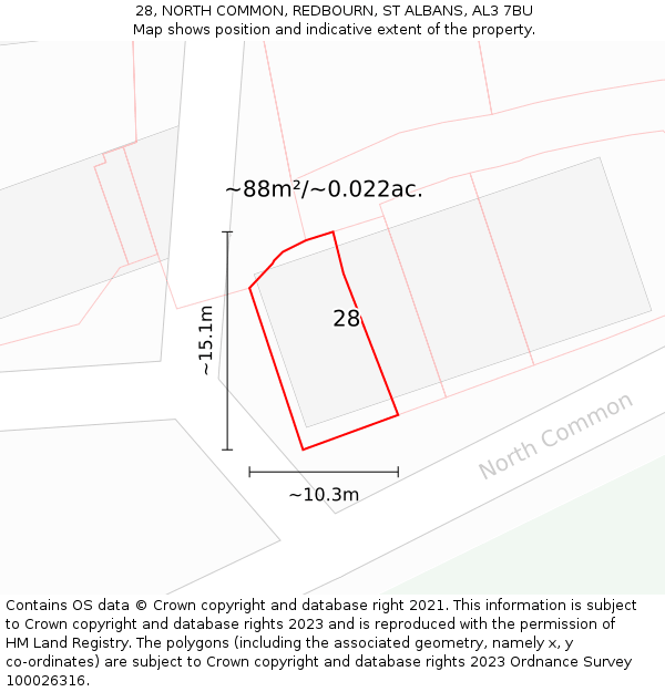 28, NORTH COMMON, REDBOURN, ST ALBANS, AL3 7BU: Plot and title map