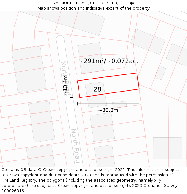 28, NORTH ROAD, GLOUCESTER, GL1 3JX: Plot and title map