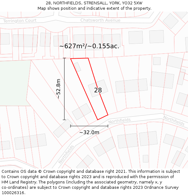 28, NORTHFIELDS, STRENSALL, YORK, YO32 5XW: Plot and title map