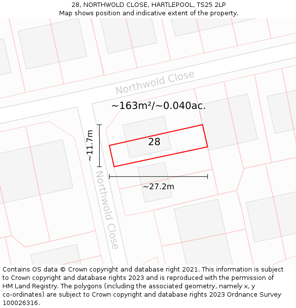 28, NORTHWOLD CLOSE, HARTLEPOOL, TS25 2LP: Plot and title map