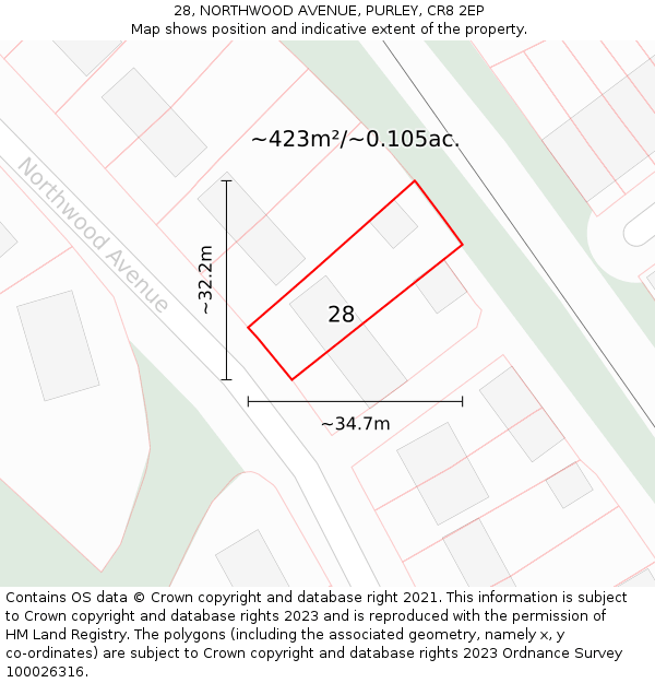28, NORTHWOOD AVENUE, PURLEY, CR8 2EP: Plot and title map