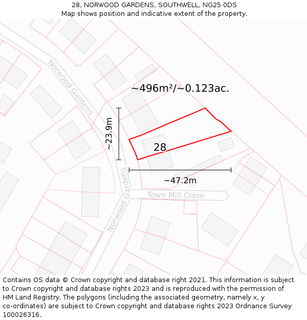 28, NORWOOD GARDENS, SOUTHWELL, NG25 0DS: Plot and title map