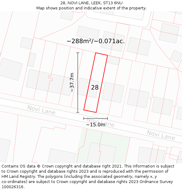 28, NOVI LANE, LEEK, ST13 6NU: Plot and title map