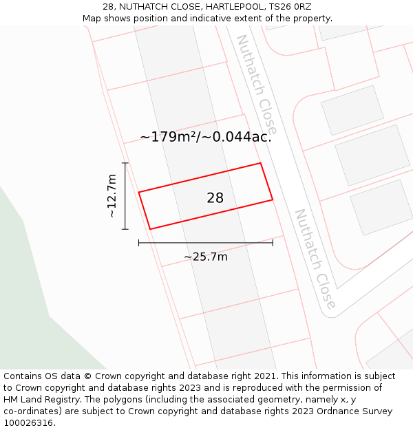 28, NUTHATCH CLOSE, HARTLEPOOL, TS26 0RZ: Plot and title map
