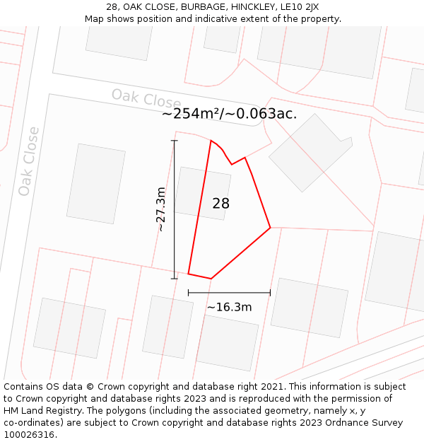 28, OAK CLOSE, BURBAGE, HINCKLEY, LE10 2JX: Plot and title map