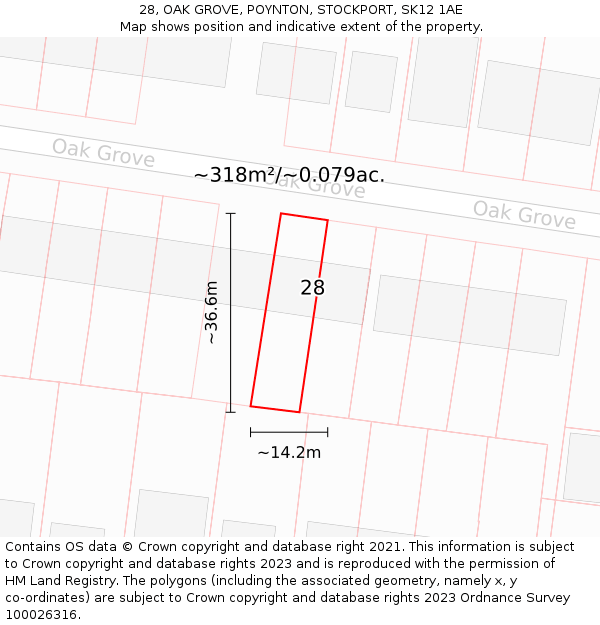 28, OAK GROVE, POYNTON, STOCKPORT, SK12 1AE: Plot and title map