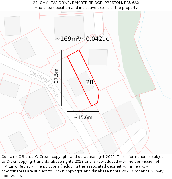 28, OAK LEAF DRIVE, BAMBER BRIDGE, PRESTON, PR5 6AX: Plot and title map