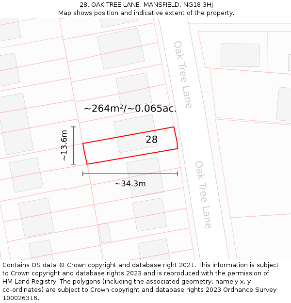 28, OAK TREE LANE, MANSFIELD, NG18 3HJ: Plot and title map